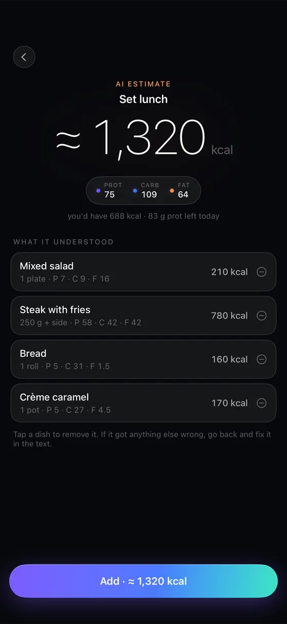 Eating out: a set menu estimated with AI at about 1,320 kcal, with what it understood dish by dish