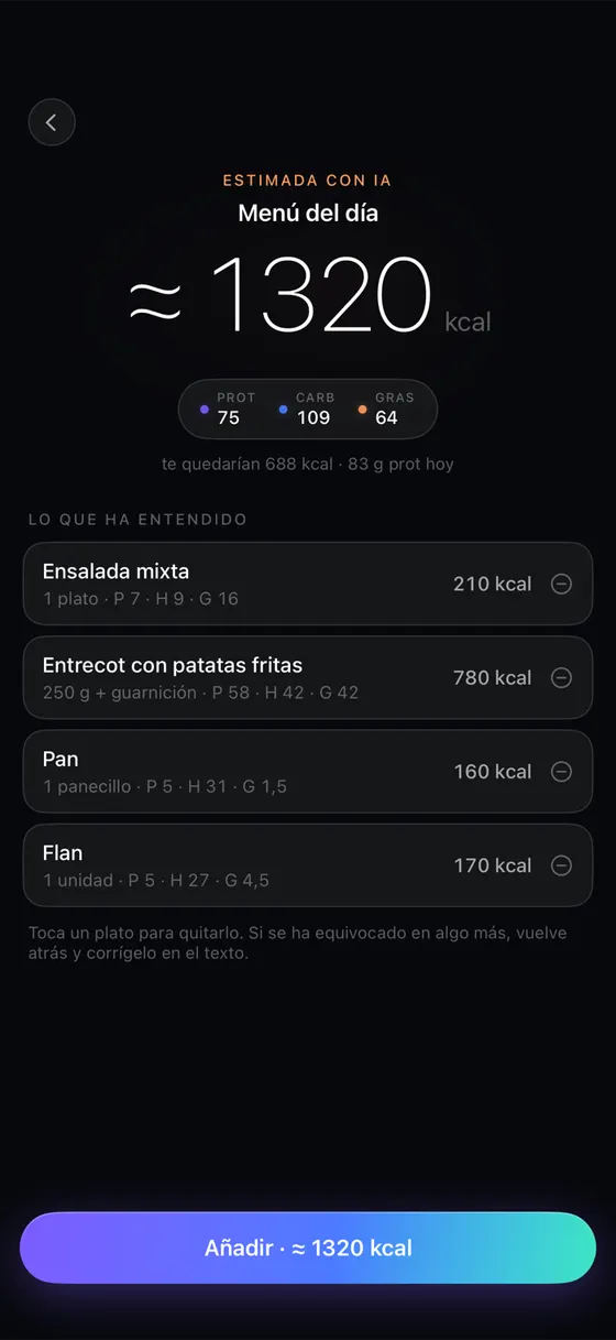 Comer fuera: el menú del día estimado con IA en unas 1320 kcal, con lo que ha entendido plato a plato