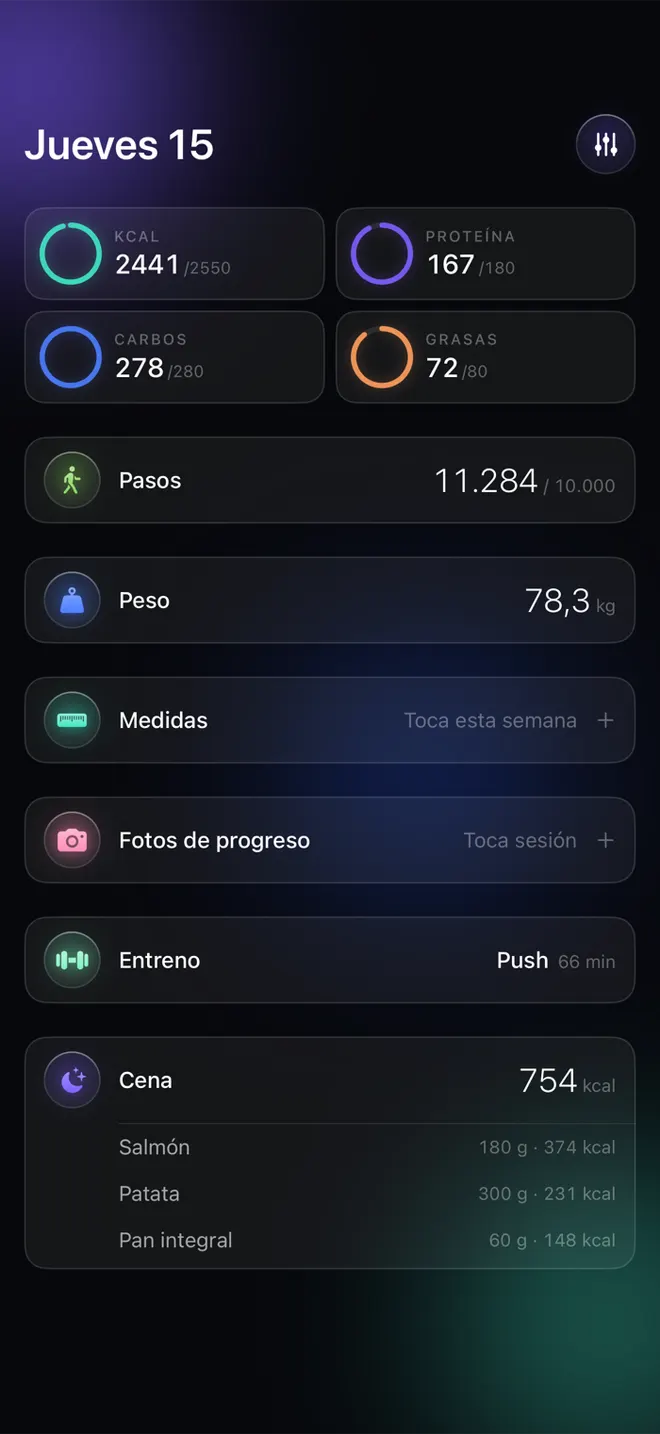 Pantalla Hoy de Umbral: calorías y macros del día, pasos, peso, medidas, entreno y la cena