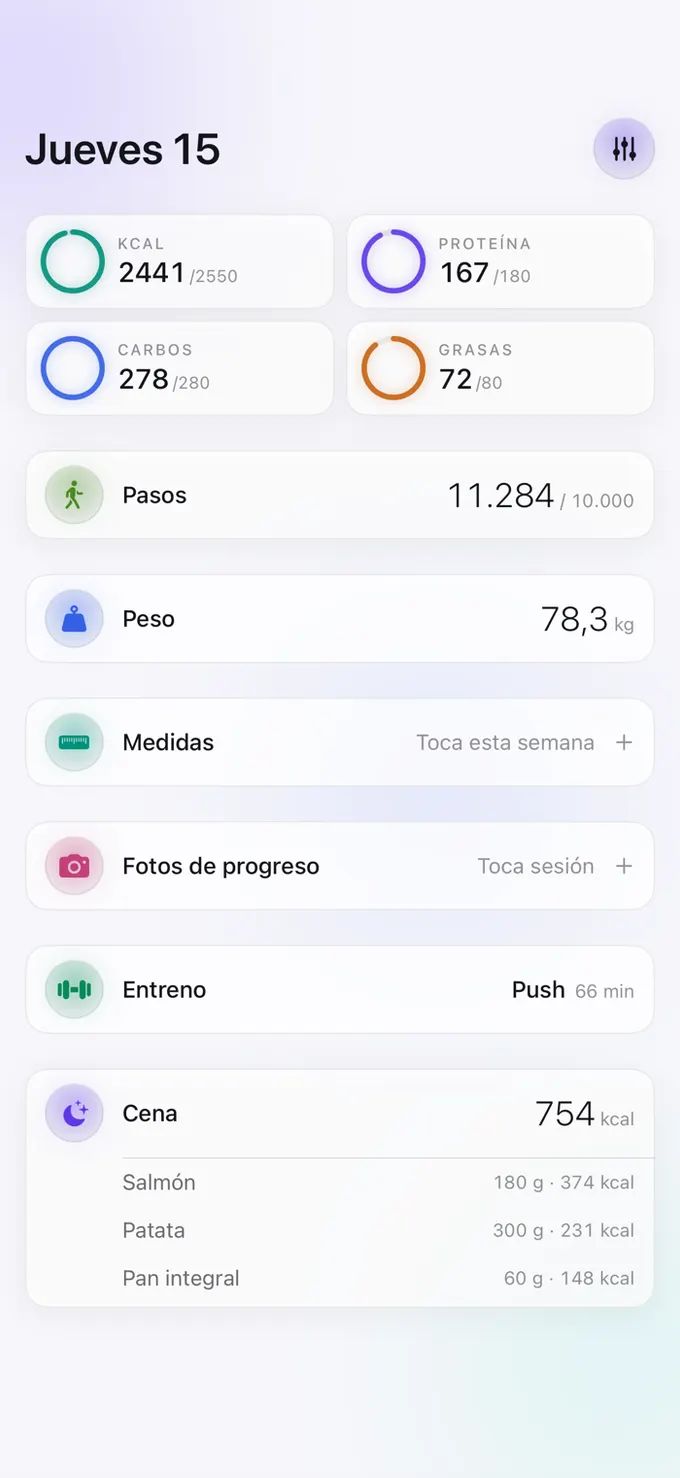 La pantalla Hoy de Umbral, mitad en tema claro y mitad en oscuro